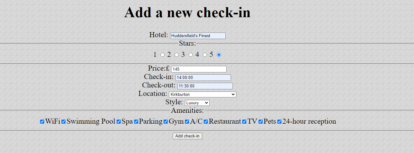 screenshot of hotel create page