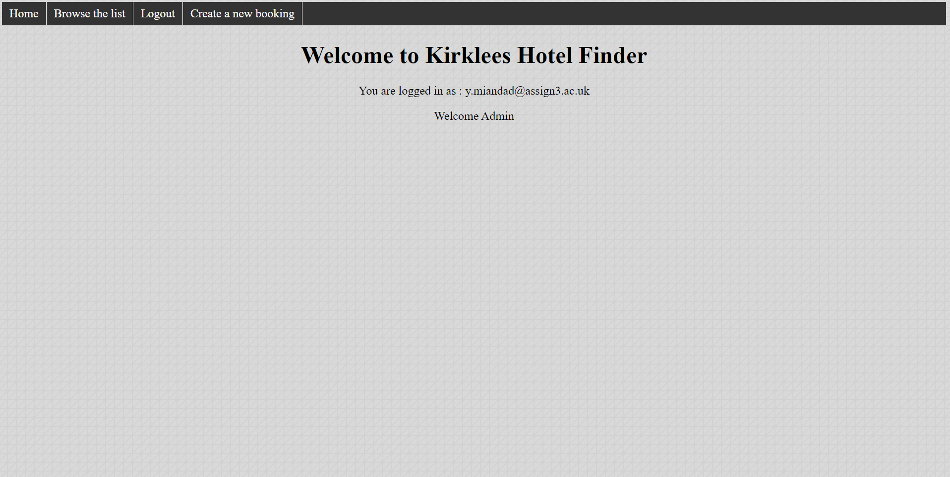 screenshot of hotel index page